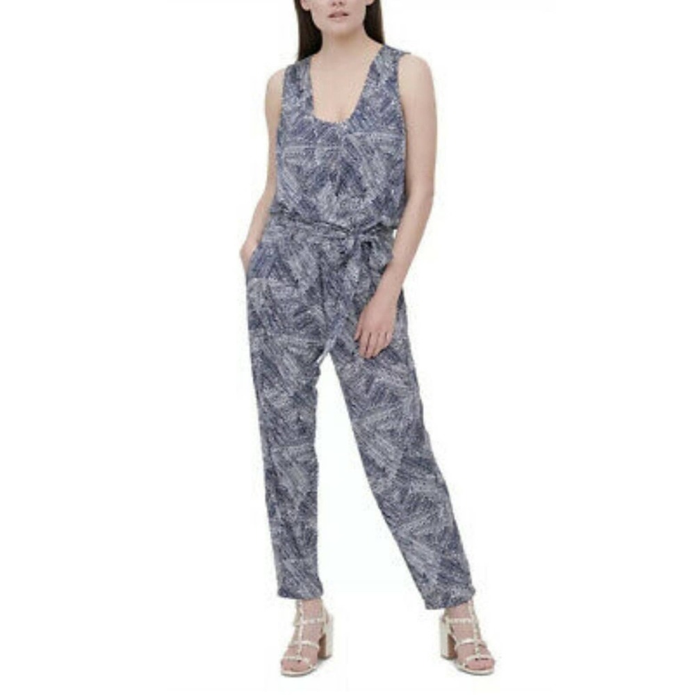 DKNY Printed  Faux Wrap Jumpsuit Ink Ivory 0